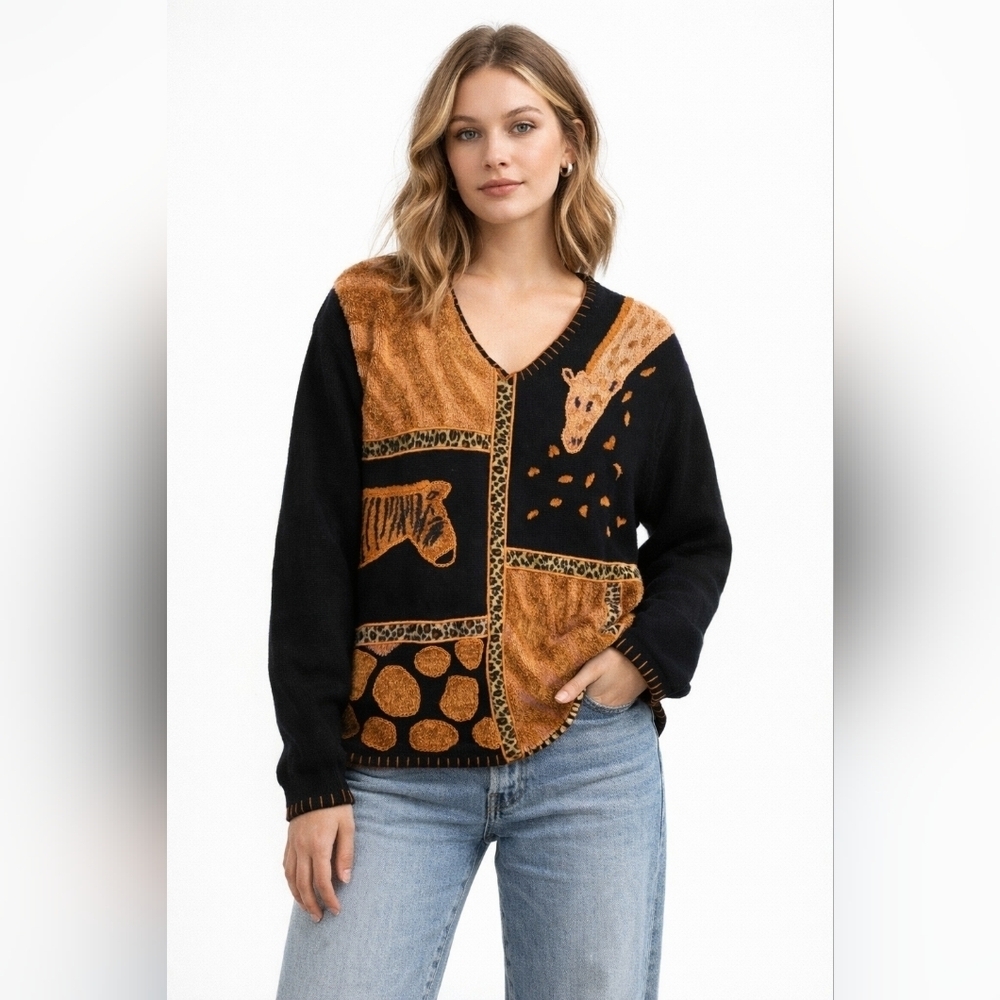 Vintage Lisa International Safari Jungle Africa Animal Print Sweater Women's XL
